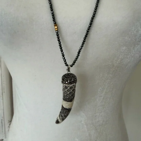 Boho Hematite Necklace with Crystal Python Italian Horn Pendant - Picture 2 of 7